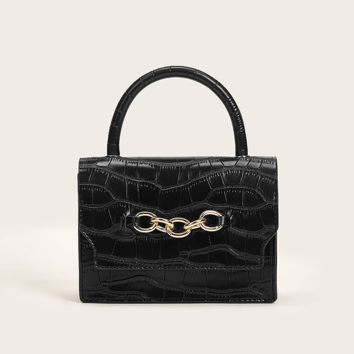 

Chain Decor Croc Embossed Satchel Bag, Black