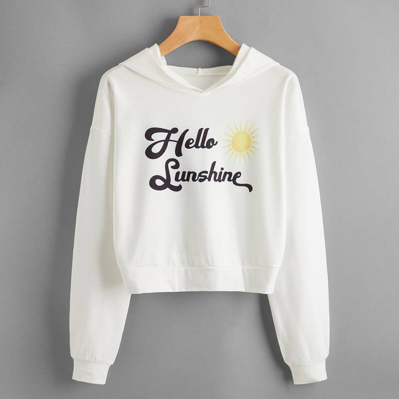

Letter & Sun Print Drop Shoulder Hoodie, White