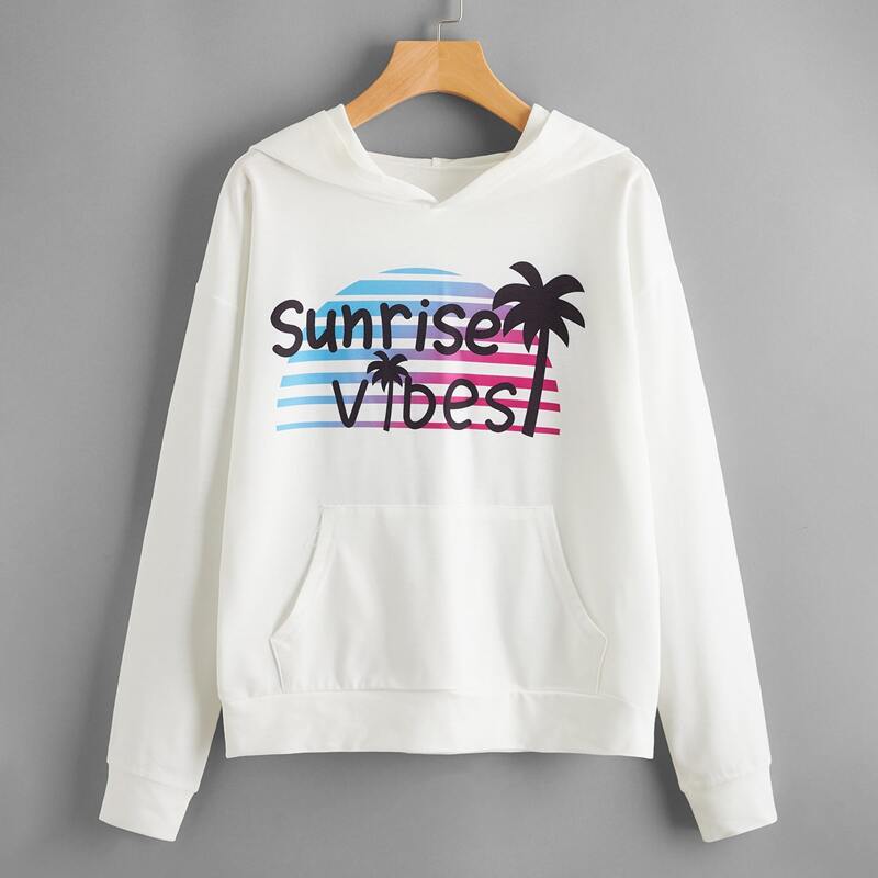 

Letter & Tropical Print Drop Shoulder Hoodie, White