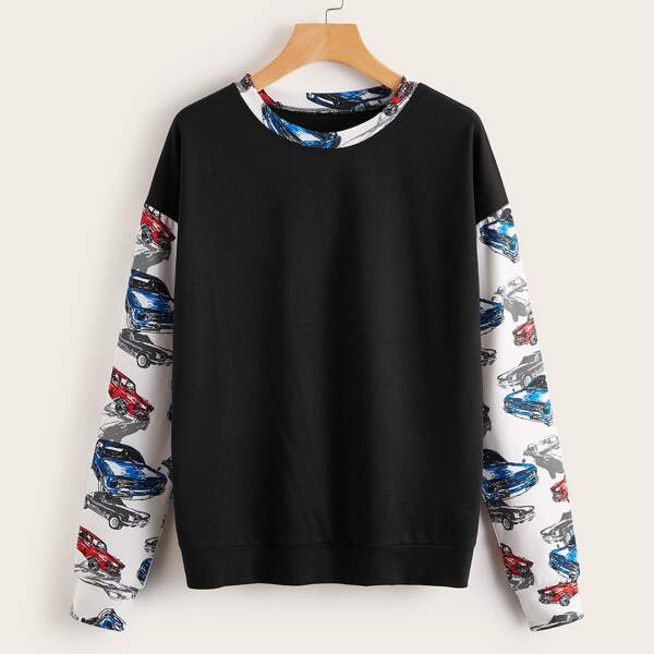 

Car Print Drop Shoulder Sweatshirt, Black