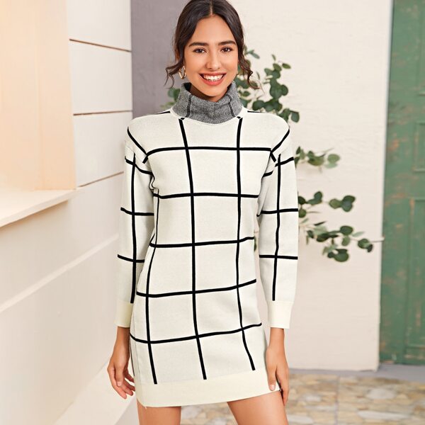 

Funnel Neck Grid Sweater Dress, White