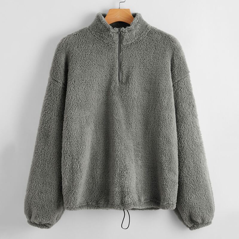 

Drop Shoulder Drawstring Hem Flannel Sweatshirt, Dark grey