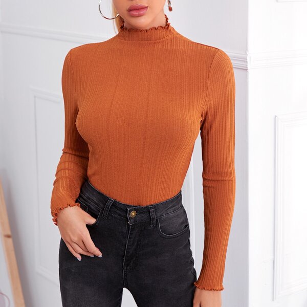 

Lettuce Edge Mock-neck Fitted Tee, Burnt orange