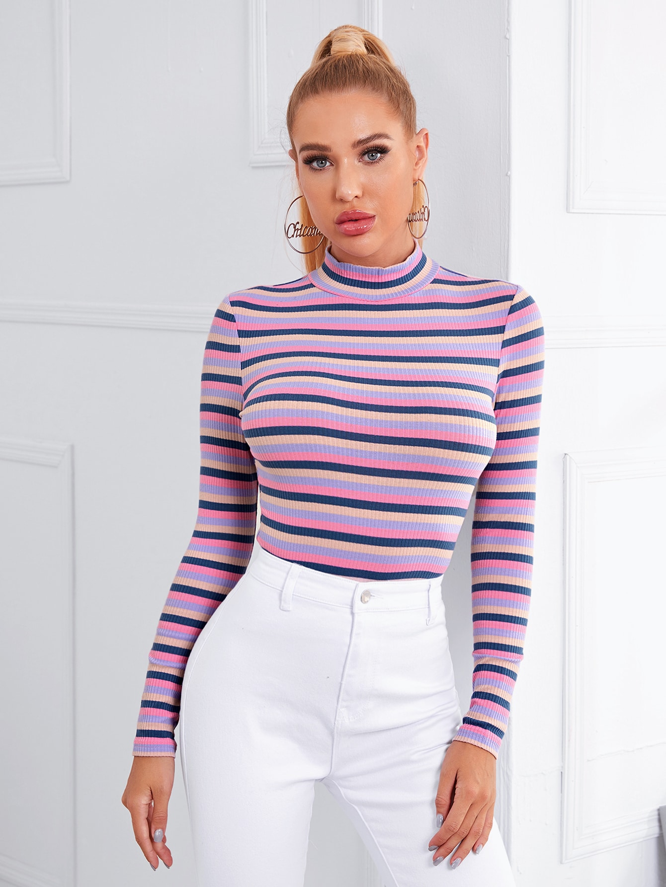 Mock Neck Rib-knit Striped Tee thumbnail