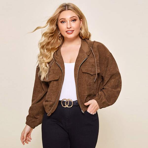 

Plus Flap Pocket Front Drop Shoulder Cord Jacket, Coffee brown