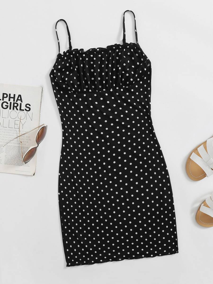 SHEIN Ruched Bust Polka Dot Dress - Black - View 1