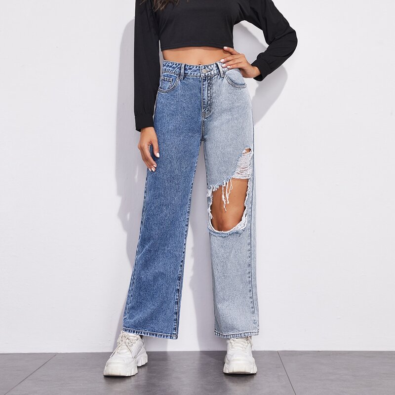 

Color Block Ripped Baggy Jeans, Multicolor
