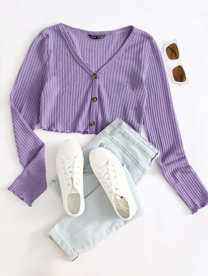 Top intrecciato con bottone e orlo a lattuga