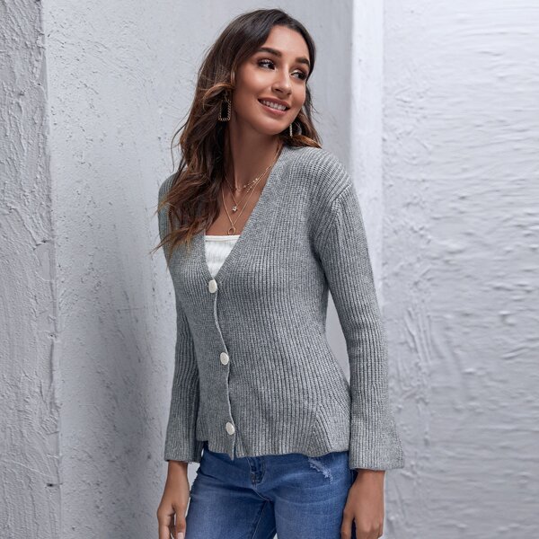

Button Front Peplum Hem Cardigan, Dark grey