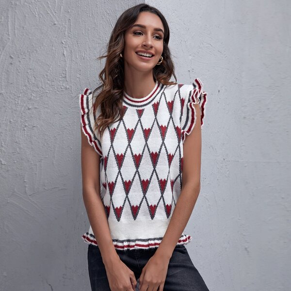 

Argyle Pattern Ruffle Cuff Knit Top, White