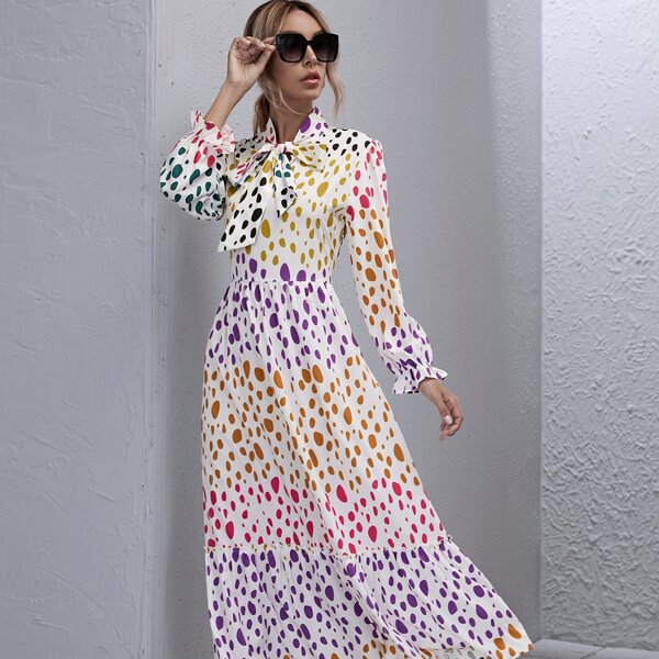 

All Over Print Tie Neck Ruffle Hem Dress, Multicolor