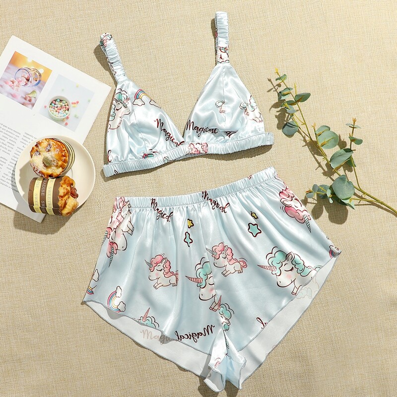 

Cartoon Unicorn Print Satin Cami Night Set, Baby blue