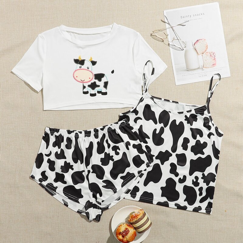 

3 Pack Cow Embroidery Pajama Set, Black and white
