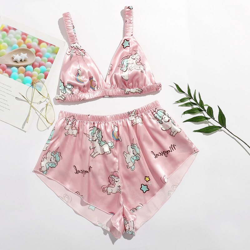 

Cartoon Unicorn Print Satin Cami Night Set, Baby pink