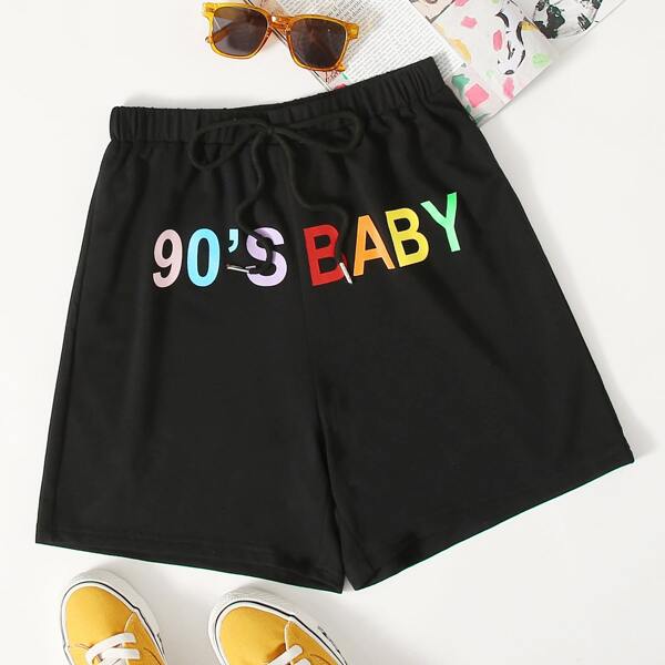 

90s Baby Graphic Drawstring Shorts, Black
