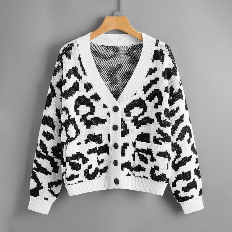 

Button Front Leopard Cardigan, Black and white