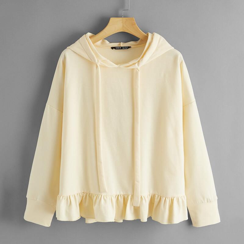 

Ruffle Hem Drop Shoulder Drawstring Hoodie, Apricot