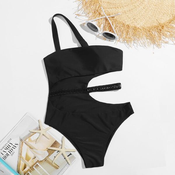 

Cut-out One Shoulder One Piece Swimsuit, Black