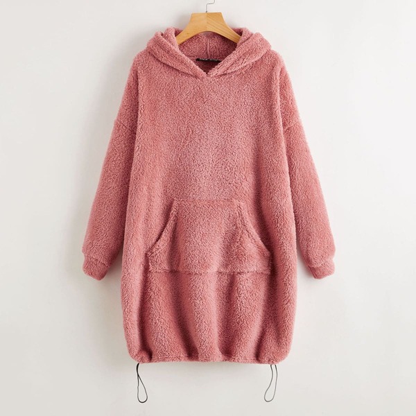 

Drop Shoulder Drawstring Hem Flannel Hoodie, Dusty pink