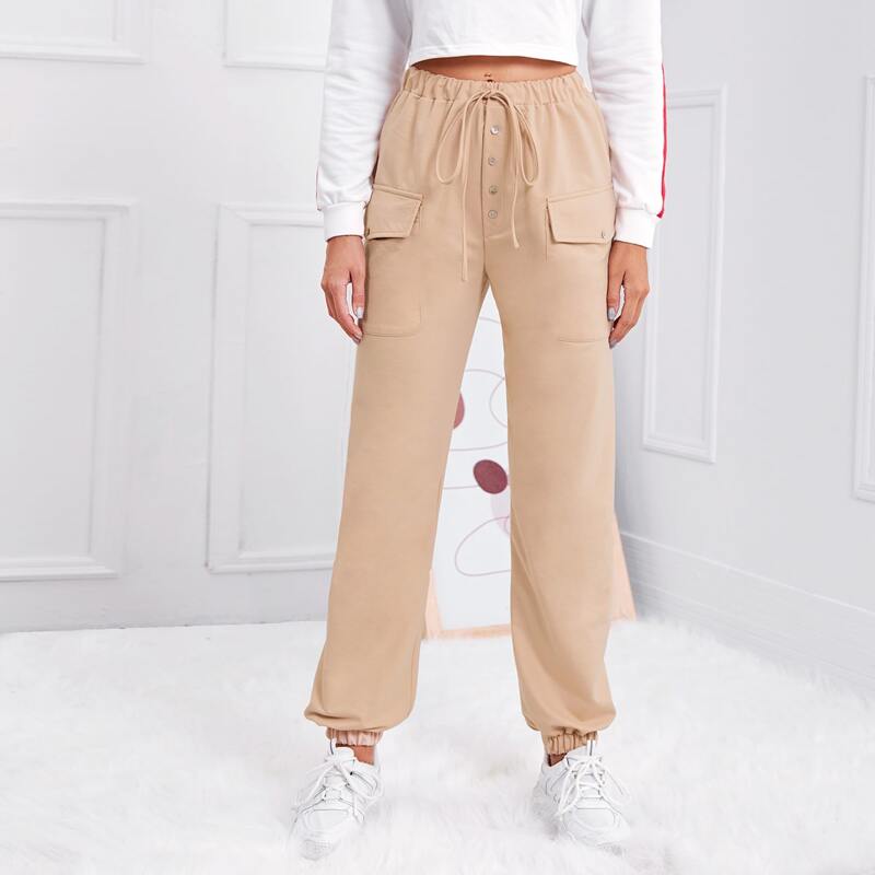 

Drawstring Waist Button Front Pants, Apricot