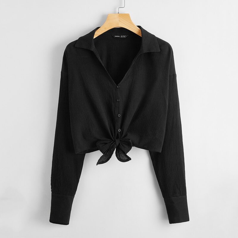 

Button Front Knot Hem Shirt, Black