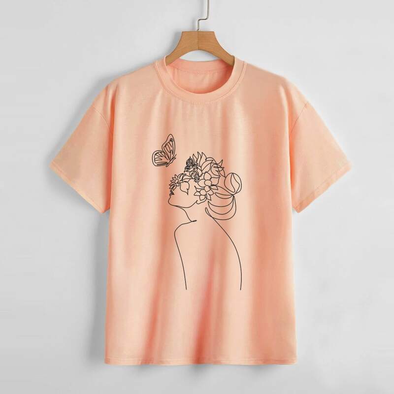 

Butterfly & Figure Graphic Tee, Coral orange