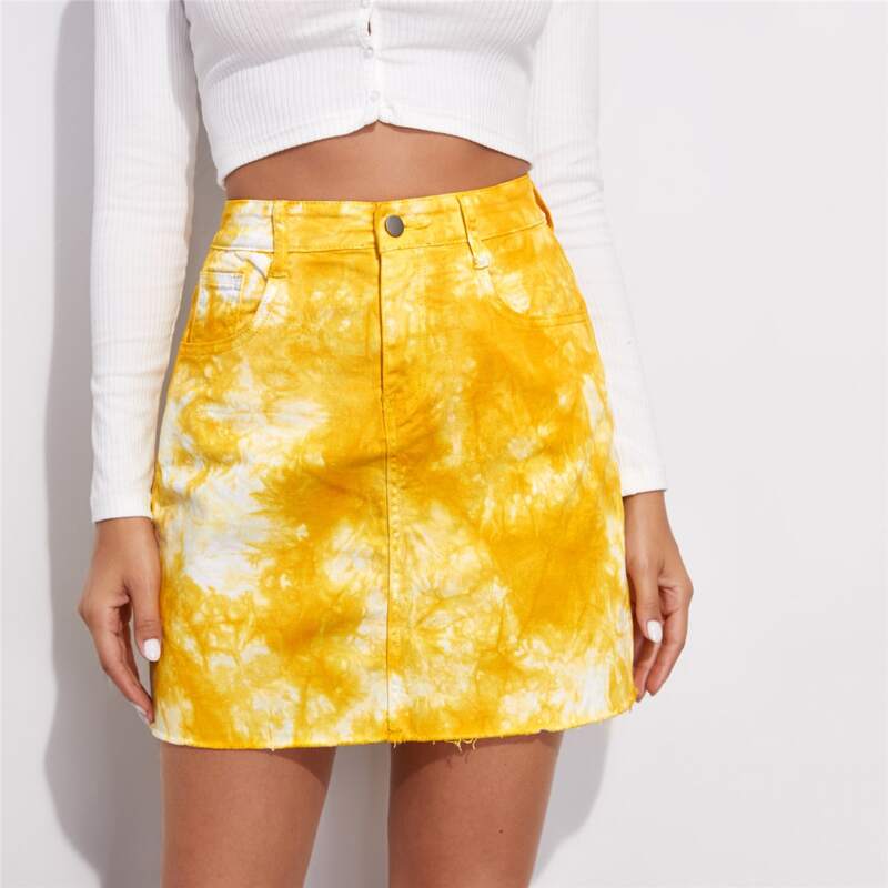 

Tie Dye Denim Straight Skirt, Yellow bright