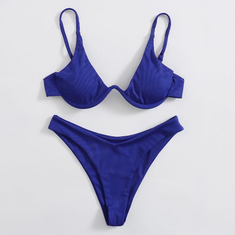 

Rib Underwire High Leg Bikini Swimsuit, Blue