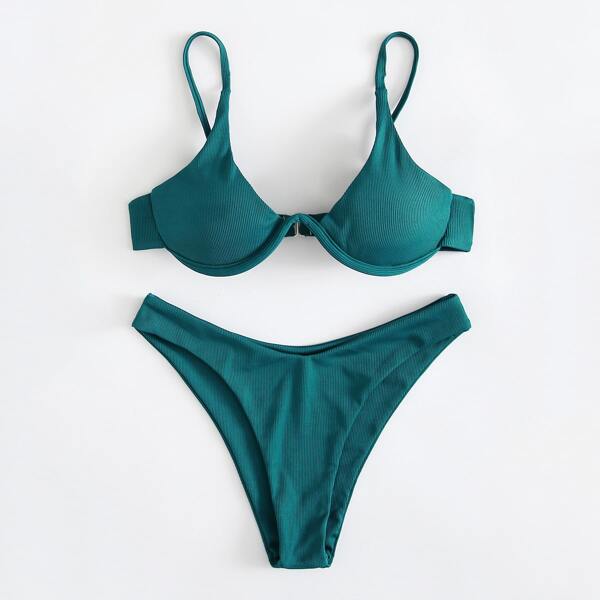 

Rib Underwire High Leg Bikini Swimsuit, Teal blue