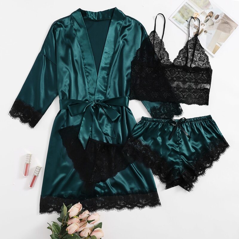 

4pack Floral Lace Lingerie Set With Satin Belted Robe, Dark green
