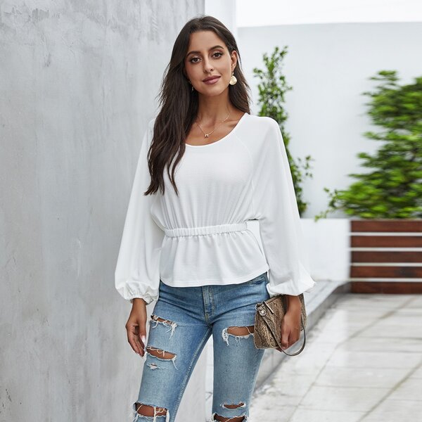 

Bishop Sleeve Ruffle Hem Tee, White