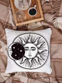 1pc Sun & Moon Print Cushion Cover Without Filler - Black and White - View 2