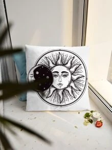 1pc Sun & Moon Print Cushion Cover Without Filler - Black and White - View 3