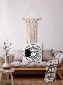 1pc Sun & Moon Print Cushion Cover Without Filler - Black and White - View 4