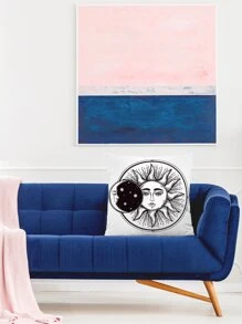 1pc Sun & Moon Print Cushion Cover Without Filler - Black and White - View 6