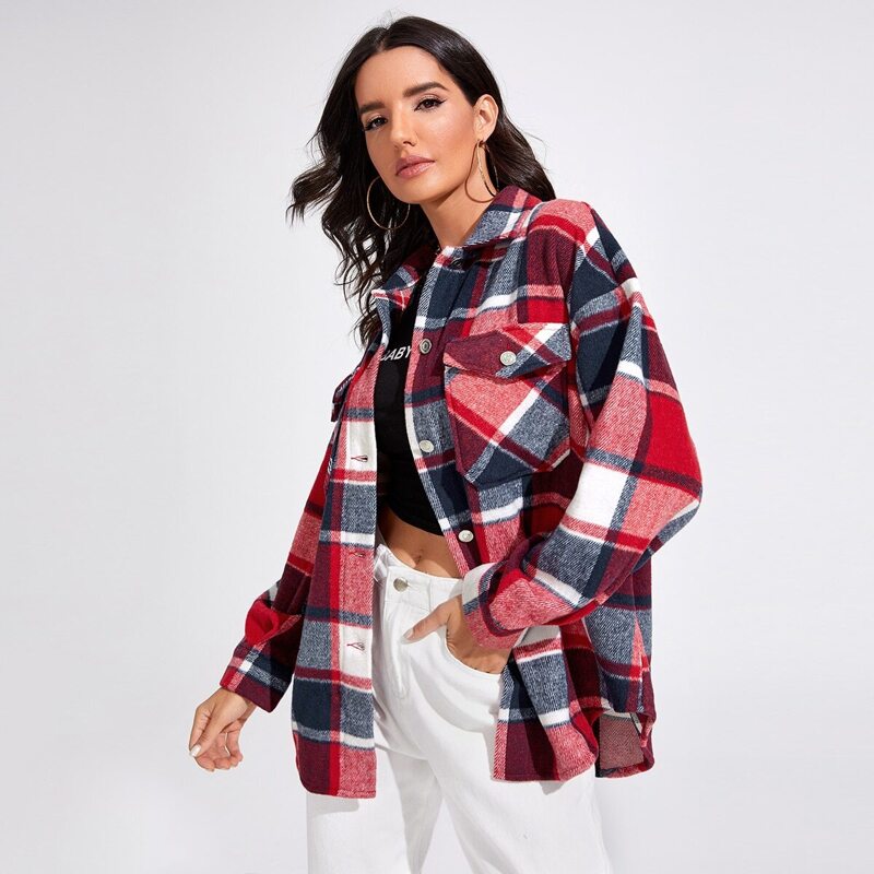

Flap Pocket Buttoned Plaid Coat, Multicolor