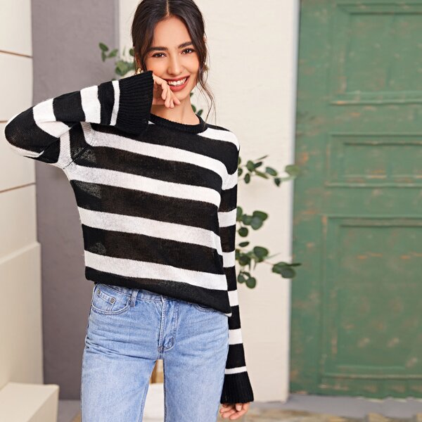 

Block Striped Flounce Sleeve Sweater, Black and white