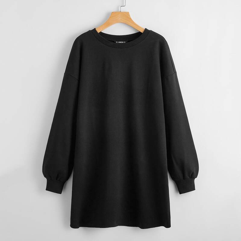 

Drop Shoulder Solid Sweatshirt Dress, Black