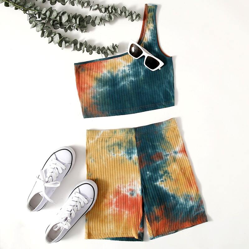 

One Shoulder Tie Dye Top & Biker Shorts Set, Multicolor