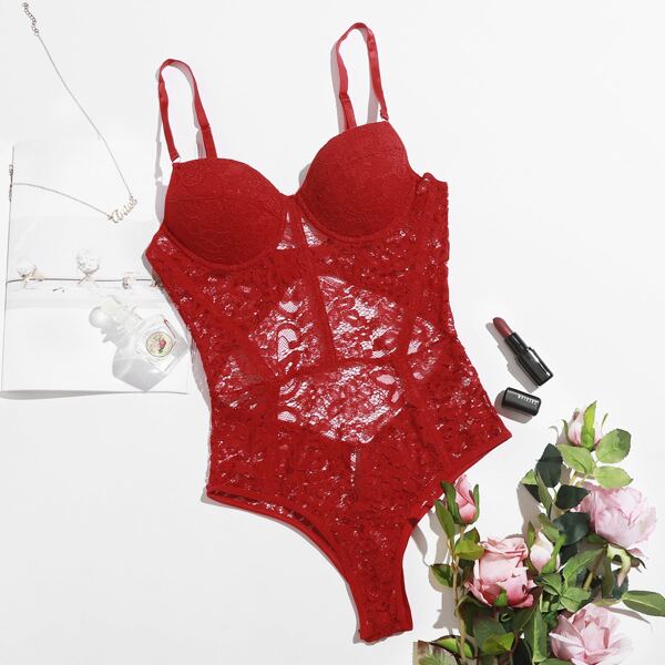 

Floral Lace Underwire Teddy Bodysuit, Red