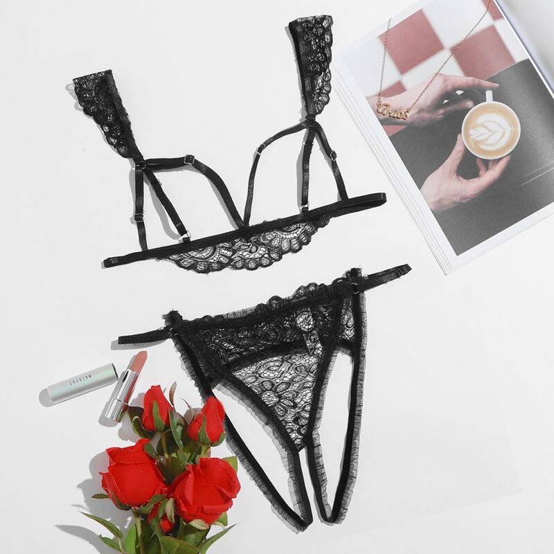 

Cut Out Floral Lace Lingerie Set, Black