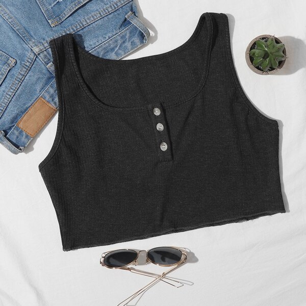 

Plus Button Front Rib-knit Crop Tank Top, Black