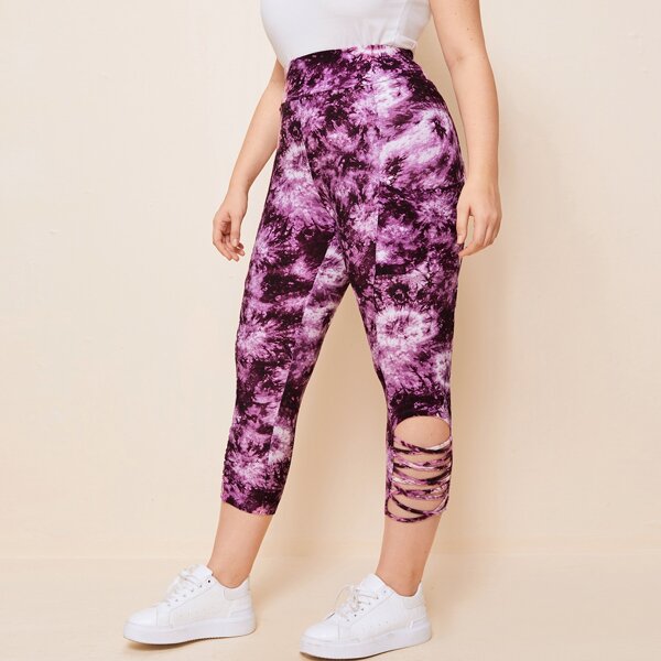 

Plus Wide Waistband Strappy Hem Tie Dye Leggings, Multicolor