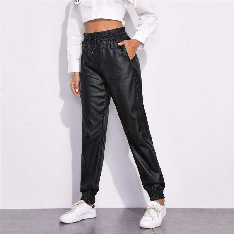 

Paperbag Drawstring Waist Frill Shirred Hem Jeans, Black