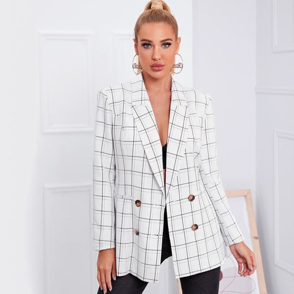 

Notch Collar Double Breasted Detail Gird Blazer, White