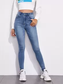 SHEIN Essnce Zipper Fly High Waist Skinny Jeans - Medium Wash - View 4