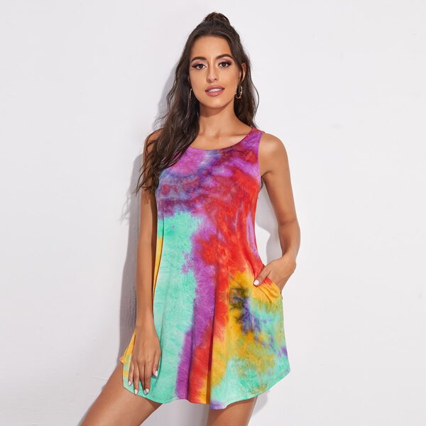 

Slant Pocket Curved Hem Tie Dye Dress, Multicolor