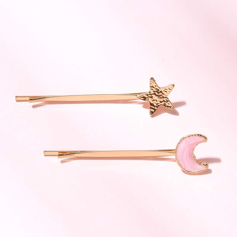 

2pcs Star & Moon Hair Clip, Multicolor