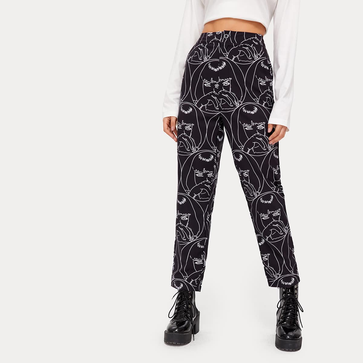 

Figure Print Cropped Pants, Black