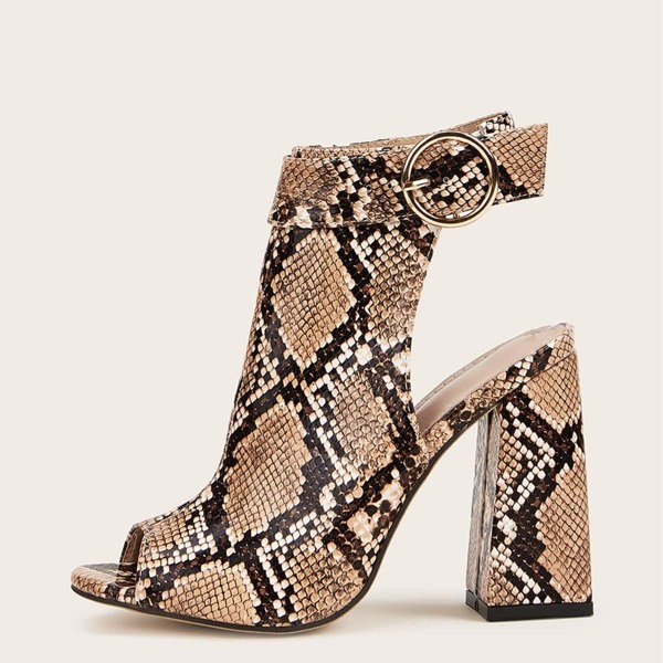 

Peep Toe Snakeskin Graphic Ankle Strap Chunky Heels, Apricot